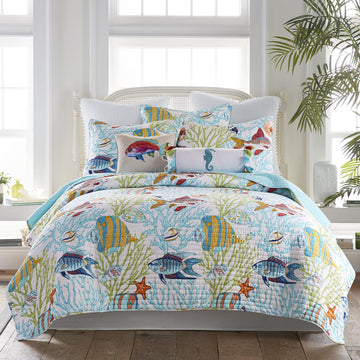 Beachwalk Quilt Set, Coastal, Reversible, 100% Cotton, Teal