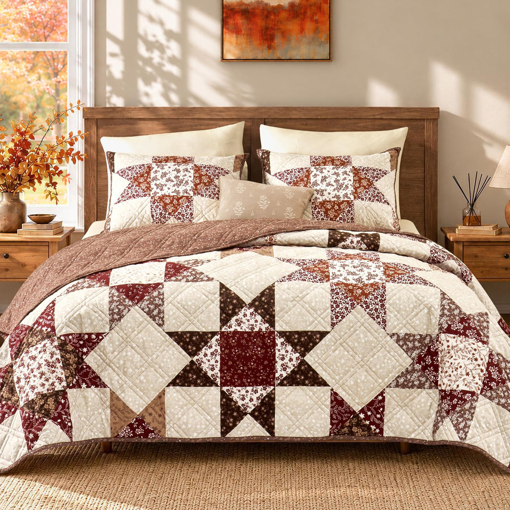 King Quilt Set-3 Pieces Soft Bedspread Fall Patchwork Quilt