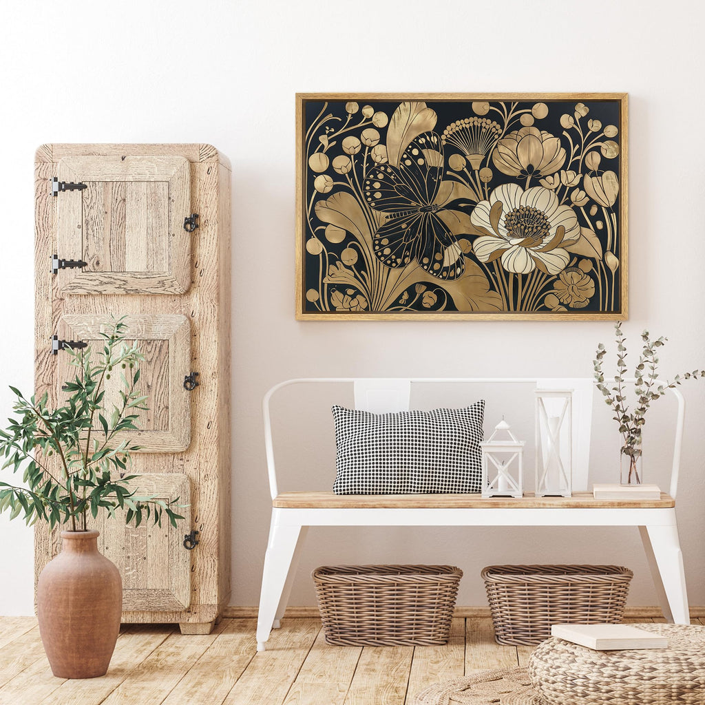 Framed Canvas Print Wall Art Black Gold Art Nouveau Butterfly Floral Illustrations Modern Art Decorative Zen - 16""