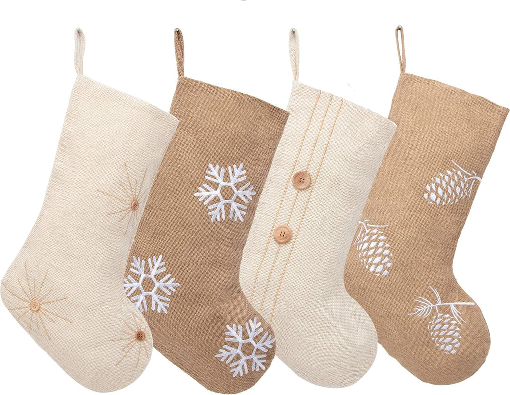 Christmas Stockings 4 Packs for Family 18.5" Large Linen Embroidery Classic Christmas Stockings Burlap Minimalist