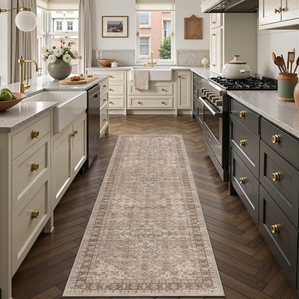 Washable Hallway Runner Rug, Vintage Non-Slip Low Pile Rugs Brown