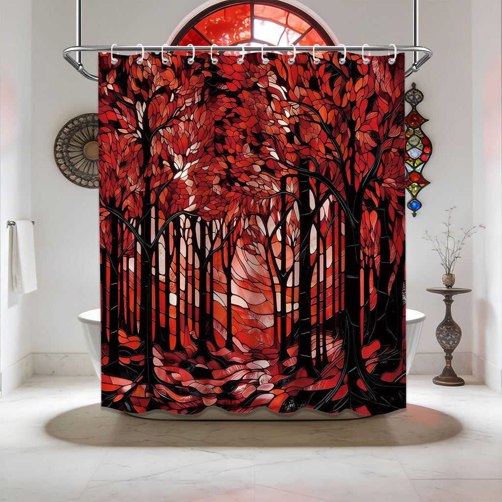 Black and Red Stained Glass Shower Curtain Dark Aesthetic Forest Art Shower Curtains for Boho Bathroom Decor Sets