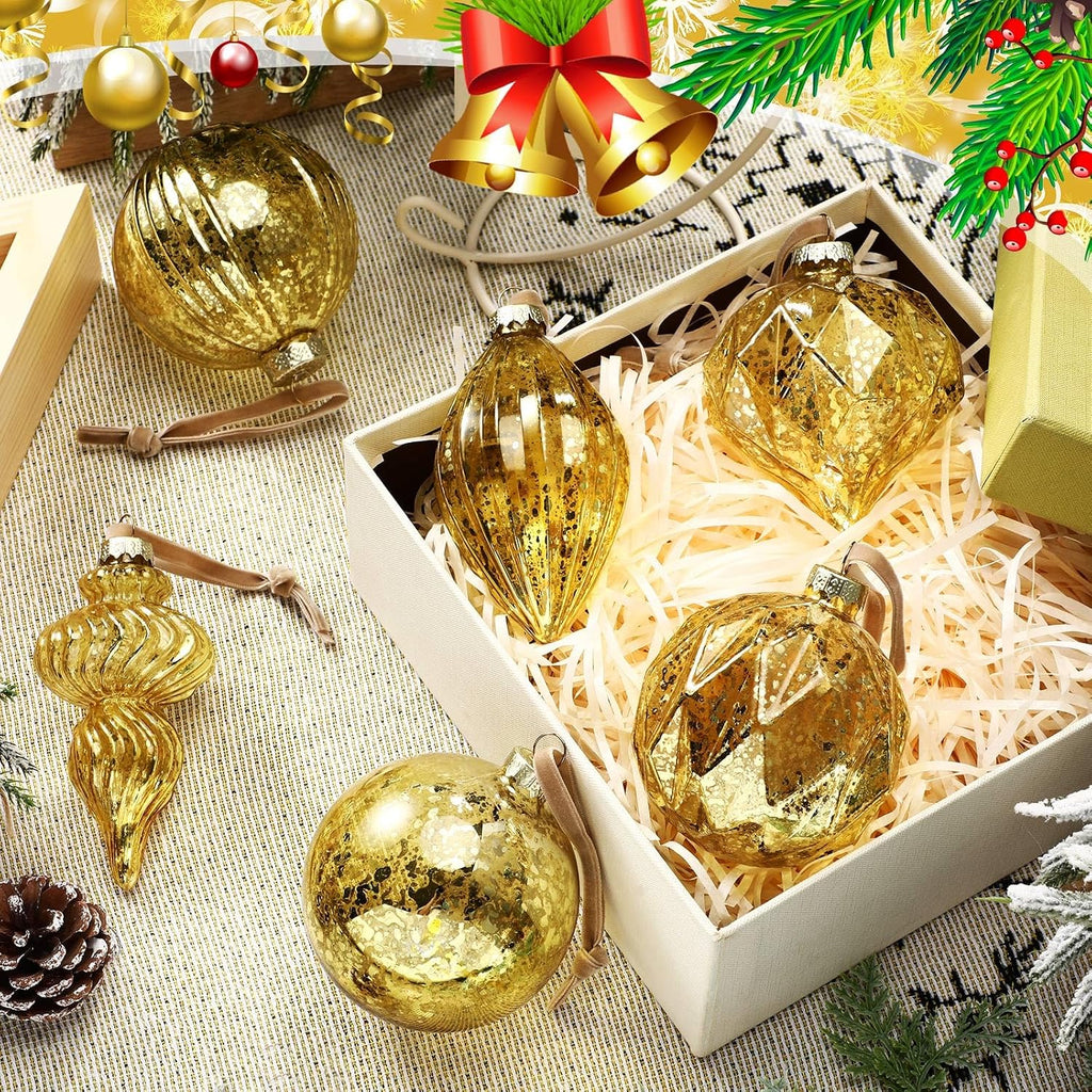 6 Pcs Gold Mercury Glass Christmas Ornaments Balls and Finials