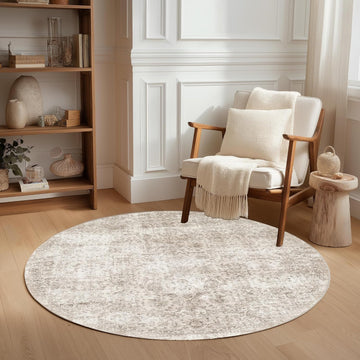 5ft Round Washable Area Rug Beige Vintage Neutral Distressed Non Slip Carpet for Living Room Bedroom