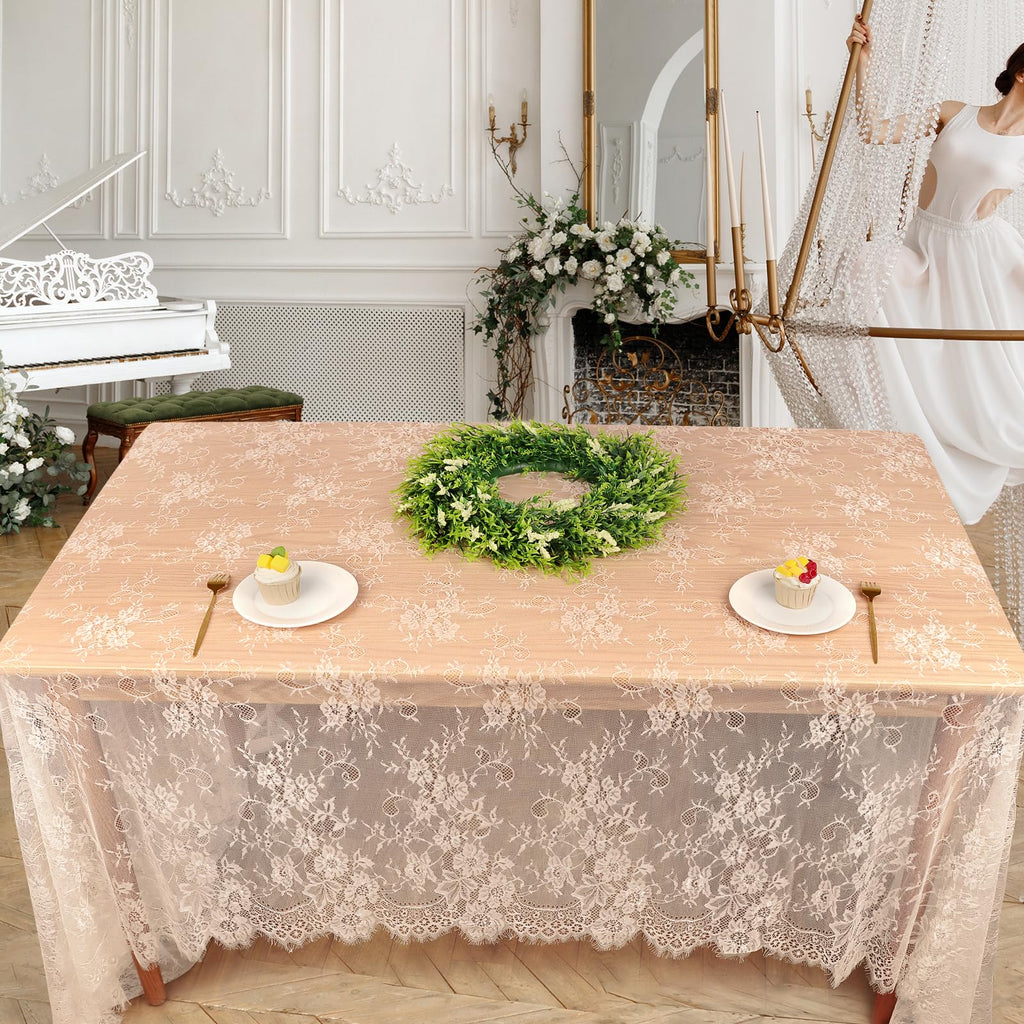2 Pcs Ivory Lace Tablecloth 60 X120 Inches Vintage Tablecloth Sheer Overlay Rectangle Floral Embroidered Lace Table