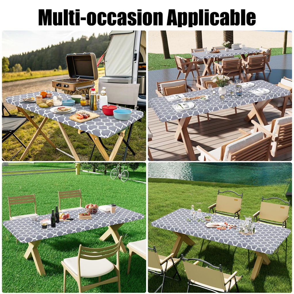 2 Pack Rectangle Table Cloth 6 Foot, Waterproof Elastic Fitted Tablecloths, Windproof Washable Polyester Table Cover