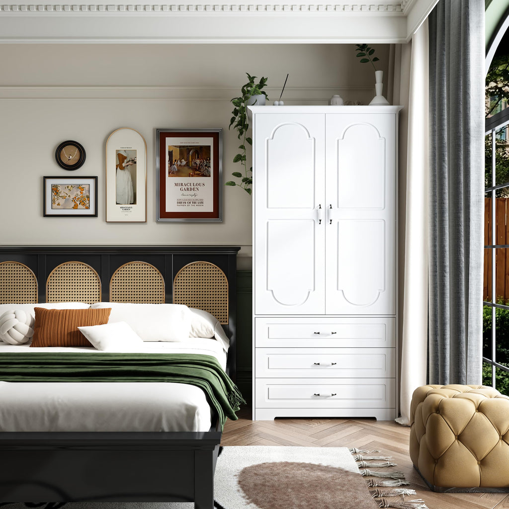 72" Wooden Armoire Wardrobe Closet with LED Bedroom Armoire with 3 Drawers and Retro Ceramic Handles Modern Wardrobe