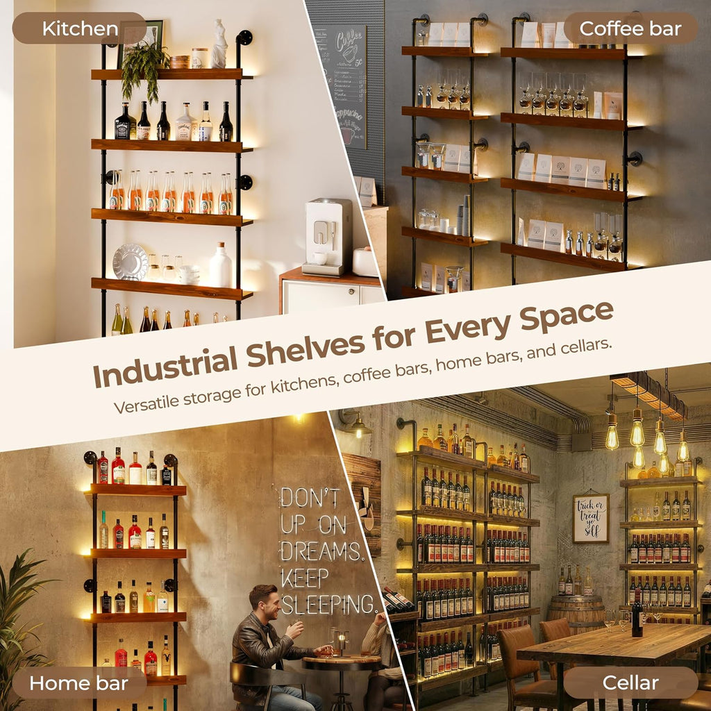 Industrial Bar Shelves, Wine Rack Wall Mounted, Walnut, 24 Inch | solid pinewood, industrial iron pipe, 5 tier, 30