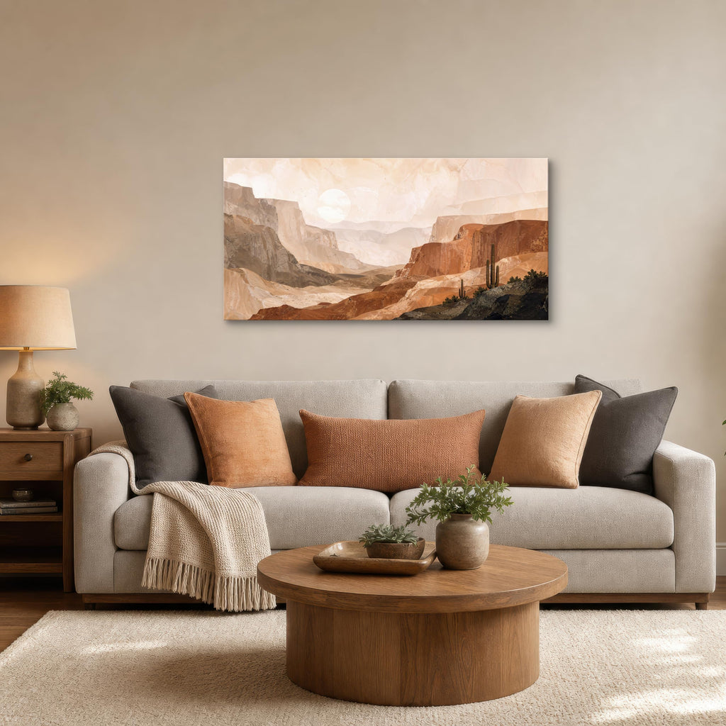 Desert Canvas Wall Art, 48 x 24 Inch Warm Southwest Cactus Landscape Print, Large Terracotta Neutral Horizontal Wall