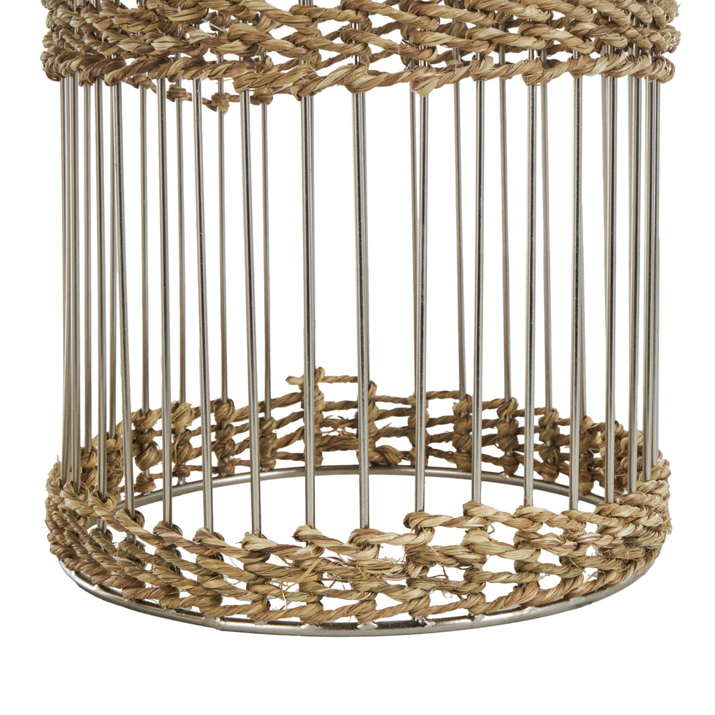 Metal Indoor Planter Textured Dome Large Planter Pot with Woven Seagrass and Caged Rod Pedestal Base, Set of 3