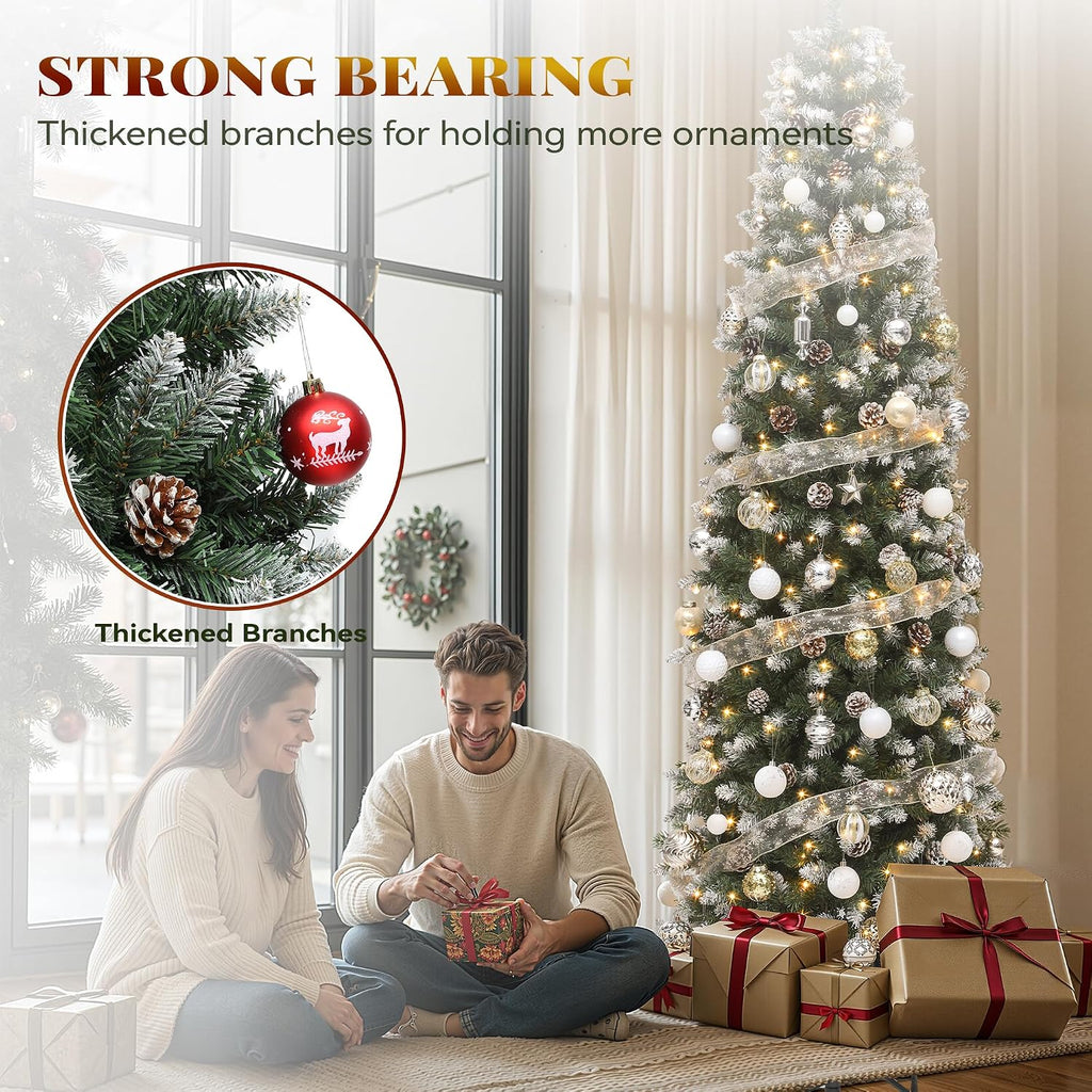 Prelit Green Pencil Christmas Tree w/Remote & Pinecone Decor