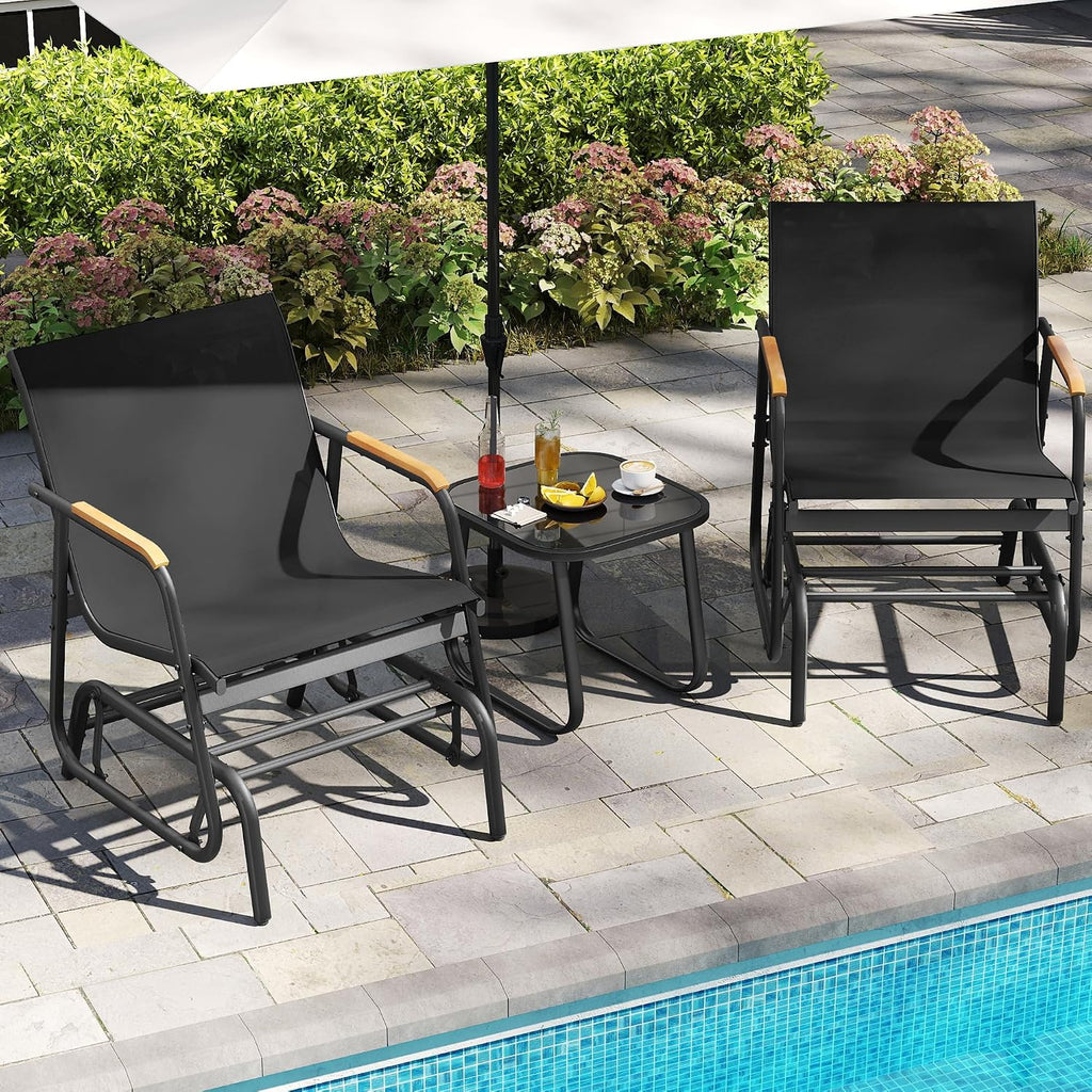 3 Piece Patio Glider Set Textilene Gliders Outdoor Furniture Black | Heavy-duty Patio Glider Set w/Breathable Fabric