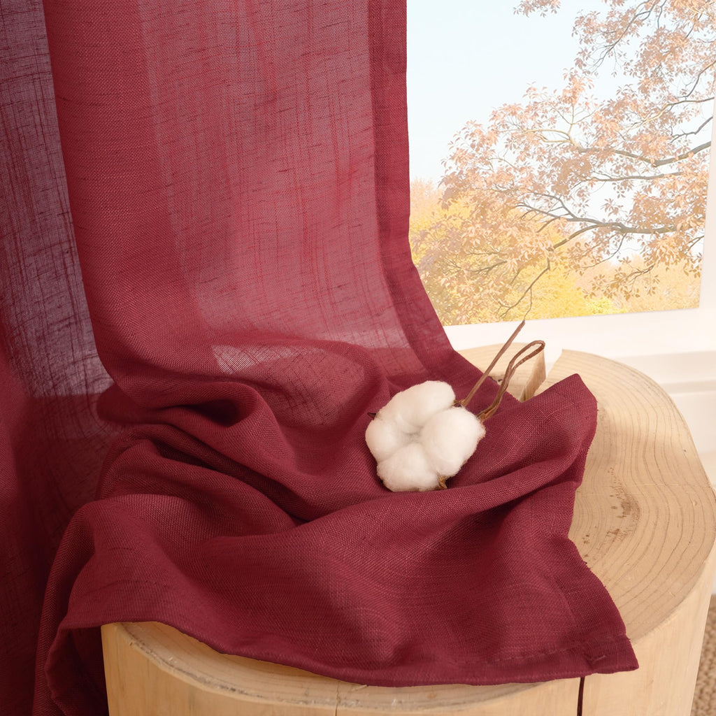 Burgundy Linen Curtains 45 Inch Length for Short Kitchen Window, Rod Pocket Semi Sheer Drapes Cafe Bathroom Decor