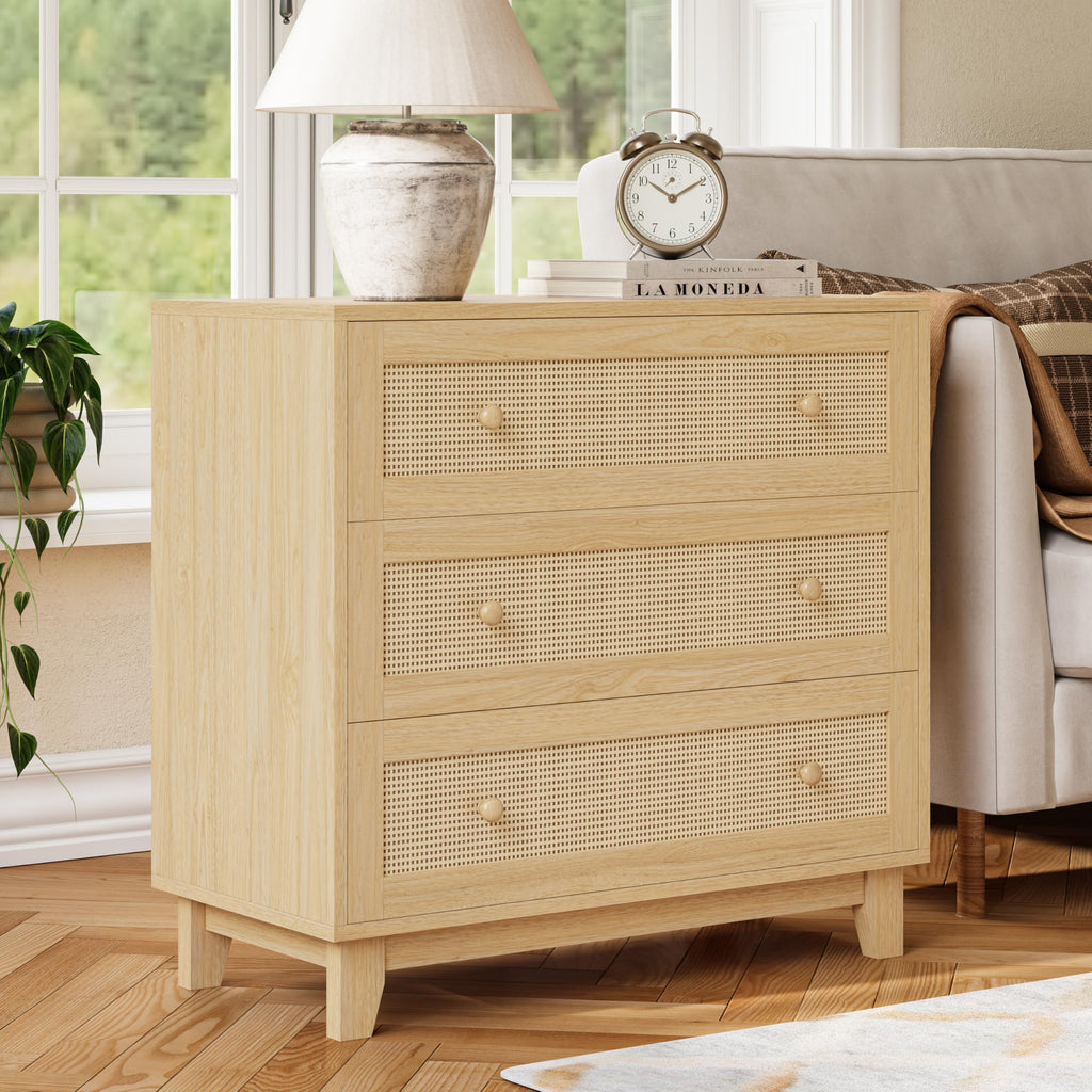 Boho Rattan 3 Drawer Dresser Nightstand, Natural Oak