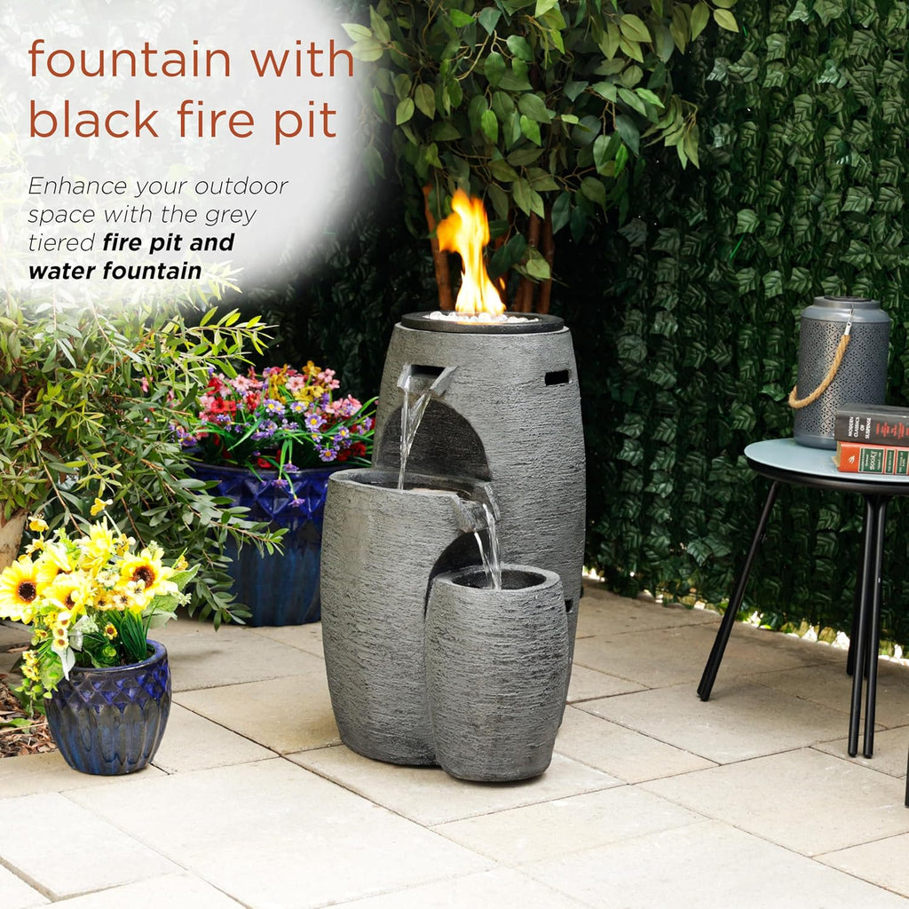 Outdoor Cascading Look 3 Tiered Fire and Water Fountain with Adjustable Flame and LED Lights, 27" Tall, Gray