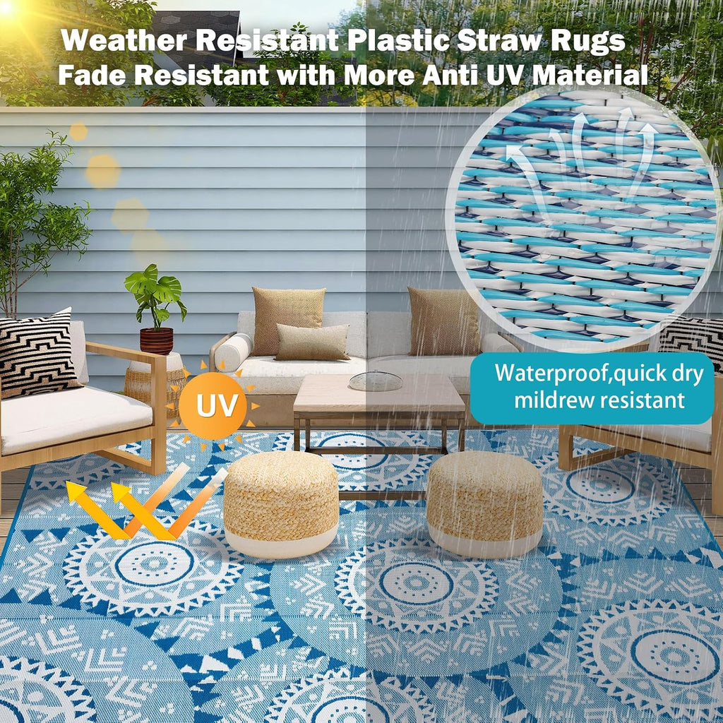 Outdoor Patio Rug - Waterproof Reversible Plastic Straw Mat, UV Resistant & Easy Clean, Foldable Camping Carpet