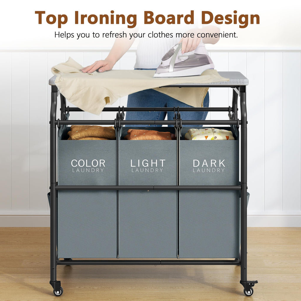 3 Section Laundry Sorter with Ironing Board, Laundry Hamper, Gray