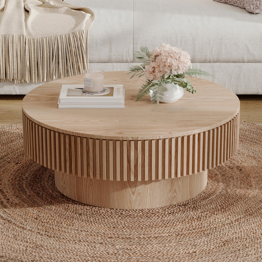 31.5''Round Coffee Table with Storage, Modern Luxury Circle Drum Center Tables with Solid Wood Veneered, Accent Side