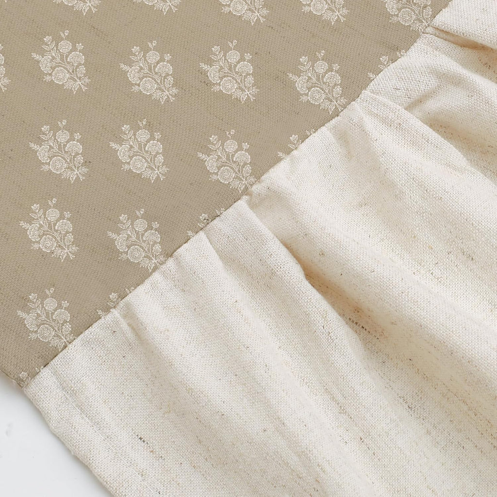 Beige Linen Textured Ruffle Shower Curtain - Vintage Floral Block Print,Boho Cottagecore Farmhouse French Country
