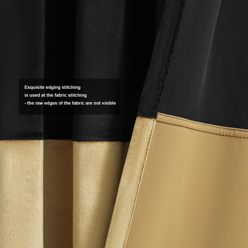 Black Gold Velvet Blackout Curtains Luxury Decor 84 inches, Color Block