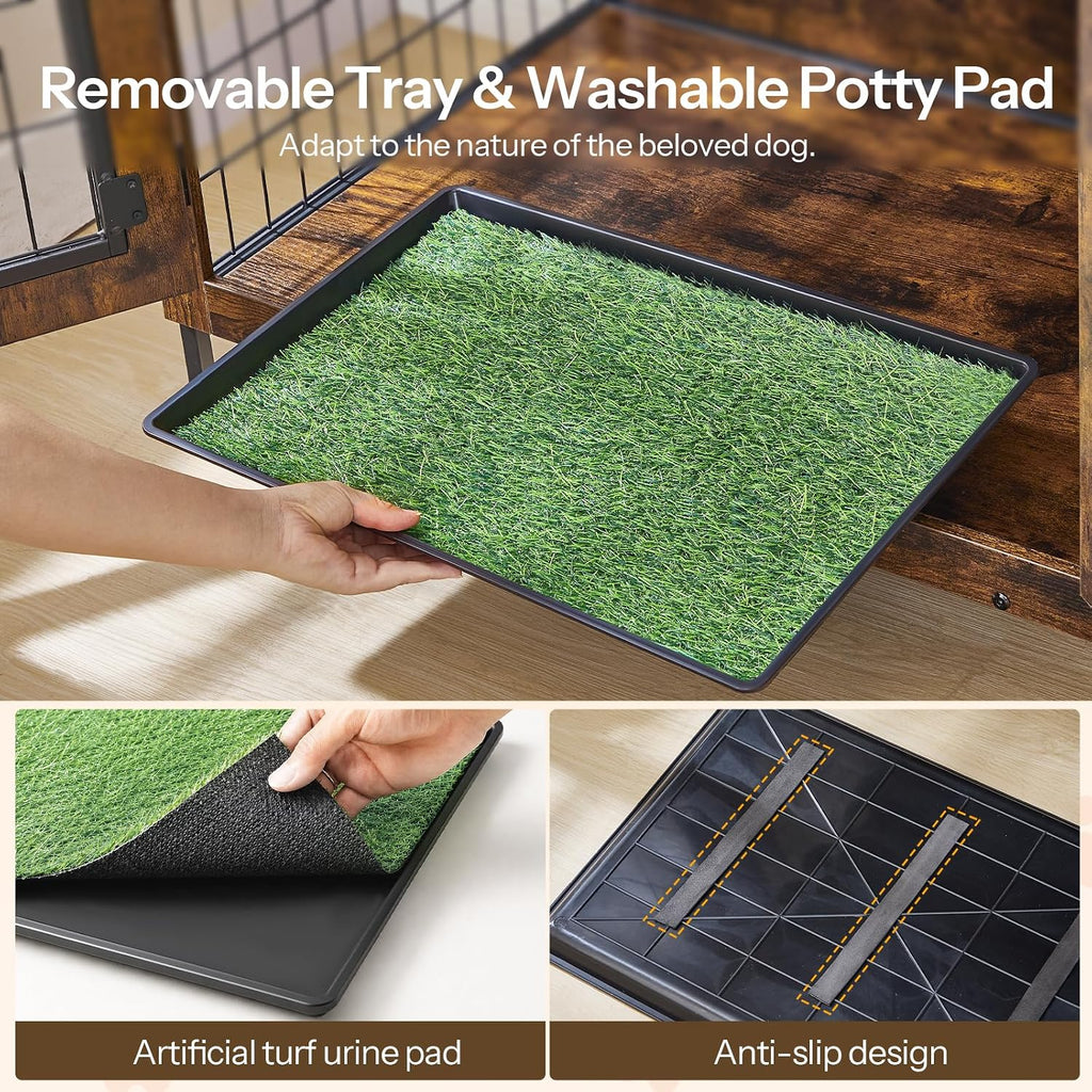 Dog Crate Furniture, 31.5" Dog Kennel with Dog Grass Pad and Tray
