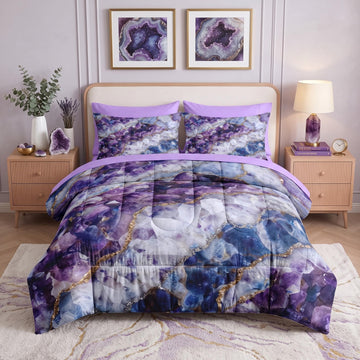 King Comforter Set with Sheets, 7 Pieces Crystal Purple Bedding
