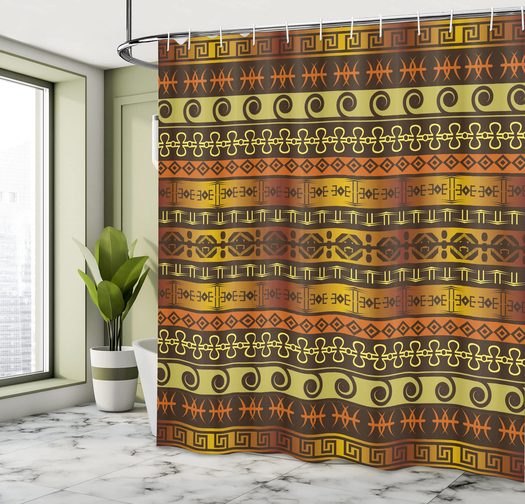 Prehistoric Shower Curtain, Indigenous Geometric Motifs Ornament Traditional Tribal, Cloth Fabric Bathroom Decor Set
