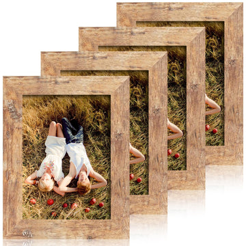 5x7 Picture Frame Set of 4, High Definition Real Glass Rustic Brown Frame, 5 x 7 Wood Photo Frames for Tabletop