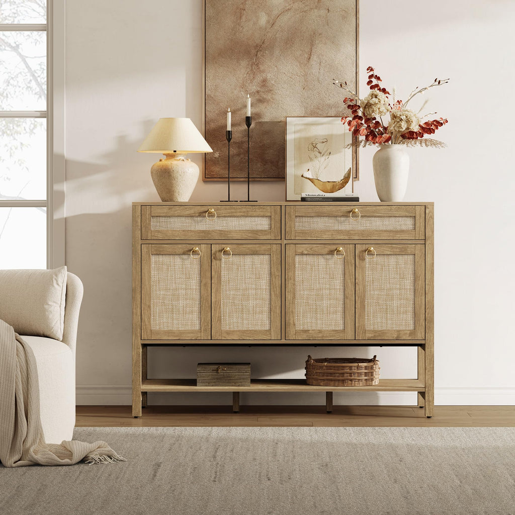 Rattan Sideboard Buffet Cabinet with 2 Drawers, 4 Doors, Credenza