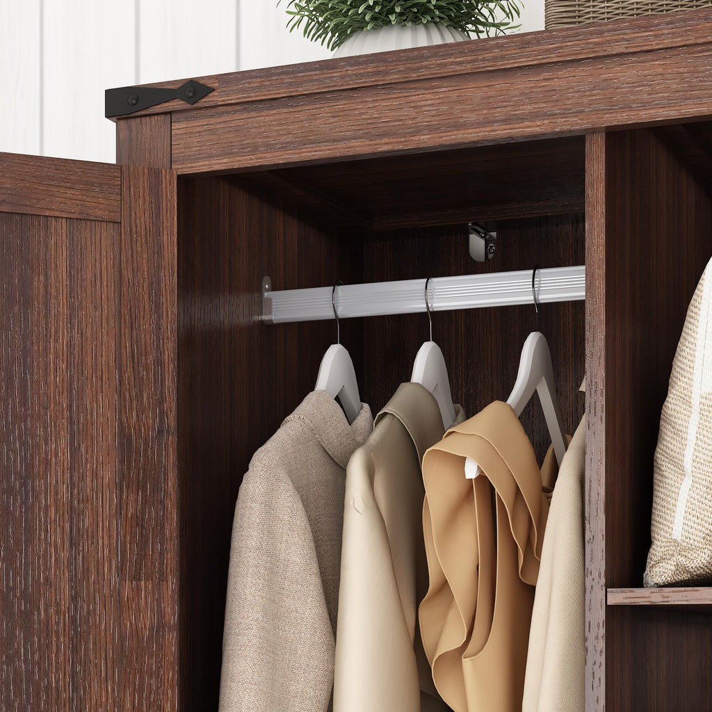 2 Doors Wardrobe Armoire Closet with Doors and Drawers, Farmhouse Wooden Armoire Storage Cabinet with Shelves &