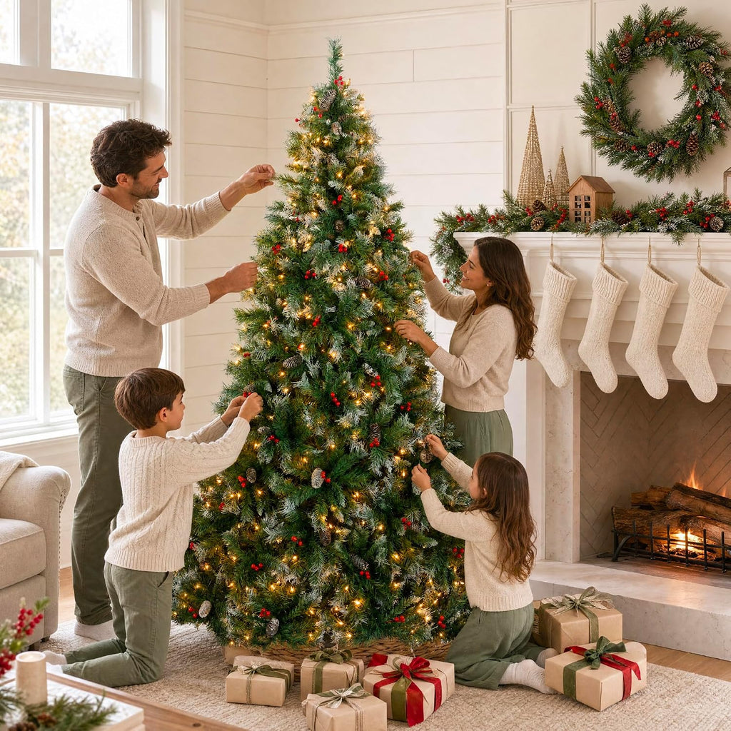 Christmas Tree Pre-Lit w/Viral Twinkling Lights, Pre-Decorated Artificial Frosted Pine Holiday Decoration w/ 250