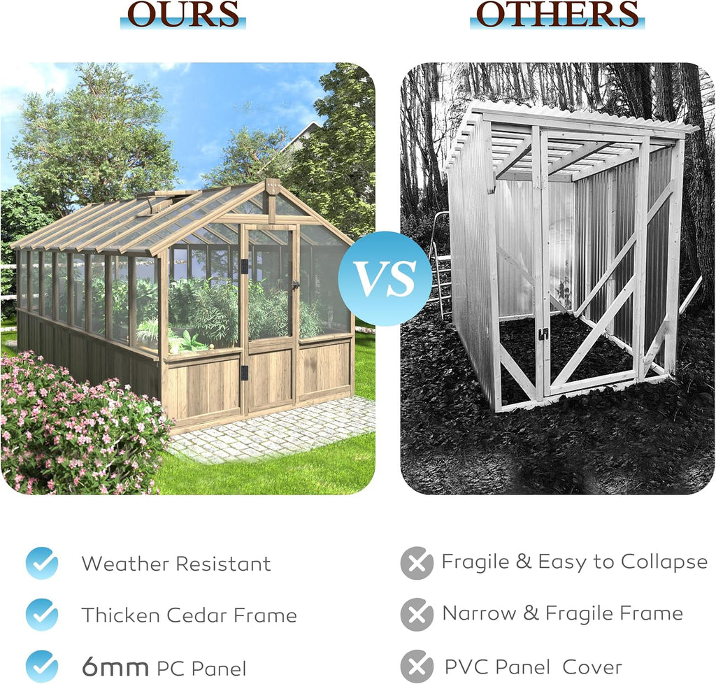 8x16FT Wood Greenhouse, Greenhouses with Cedar Frame, 6MM Thick Polycarbonate Panel, Wooden Green House with