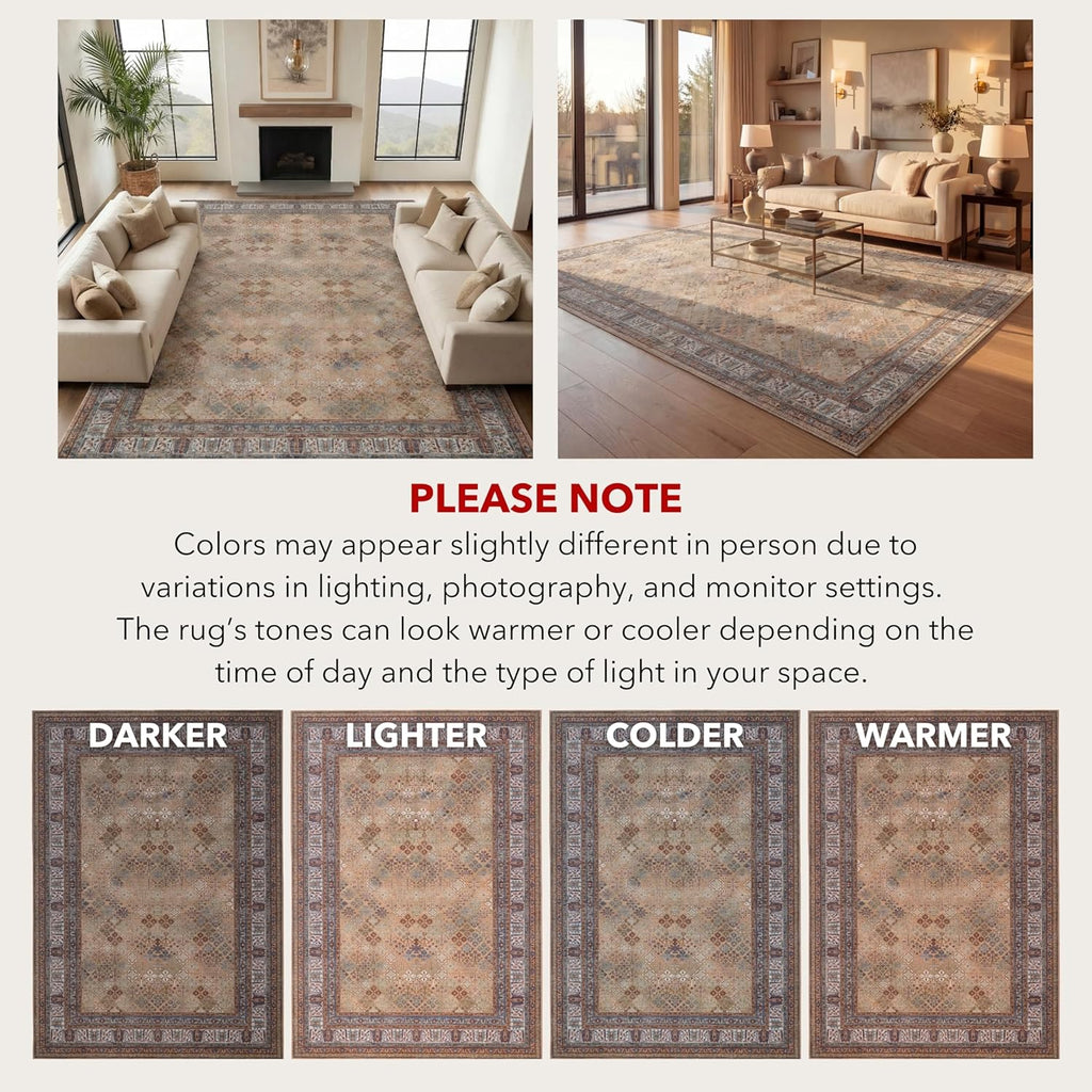 9x12 Large Area Rug, Machine Washable Area Rug with Non-Slip Backing, Vintage Style, Soft, Easy Clea