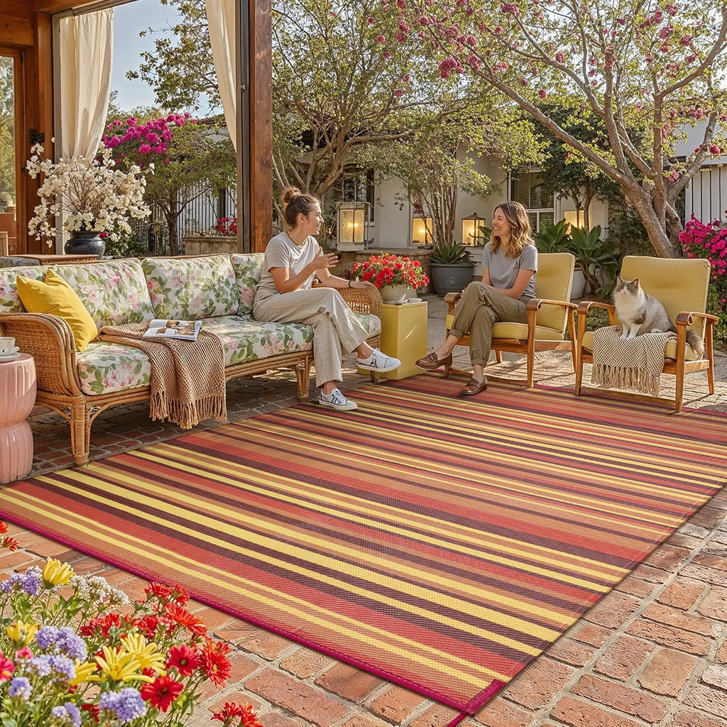 Outdoor Plastic Straw Rug Waterproof Patio 8x10 Red Orange Stripe Mat for Porch Camping RV Balcony D