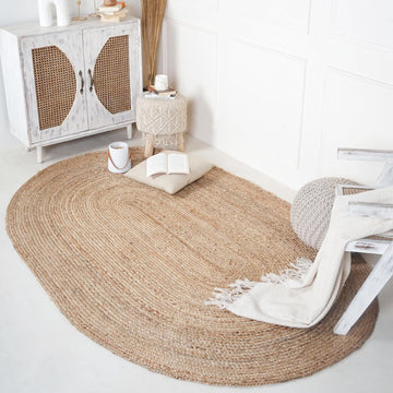 Natural Woven Jute Area Rug 5x8 feet Oval Braided Reversible Rugs for Farmhouse, Living Room, Kitchen, Bedroom
