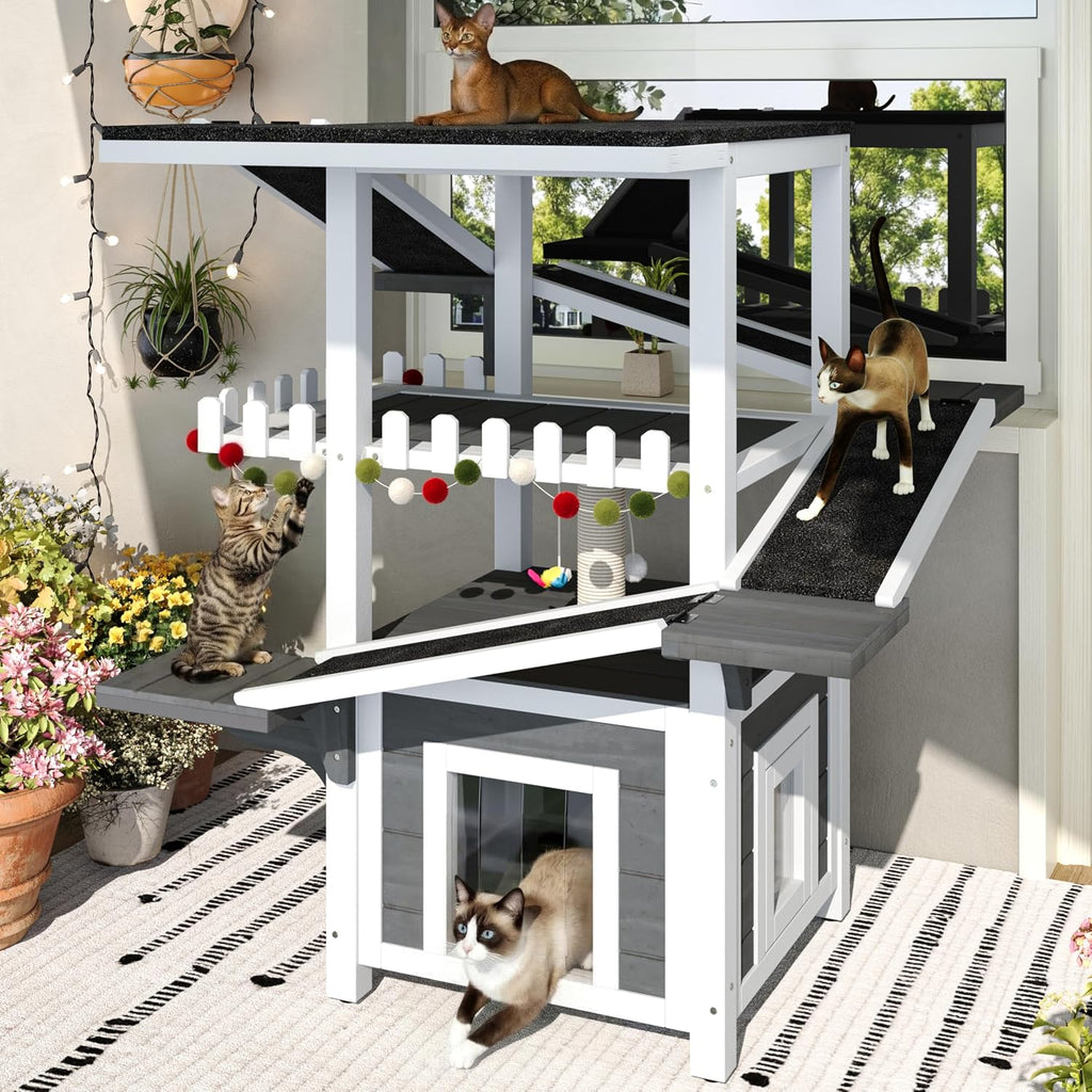 Outdoor Cat House with Roof, Wooden Cat Shelter for Feral Cat, 4 Tier