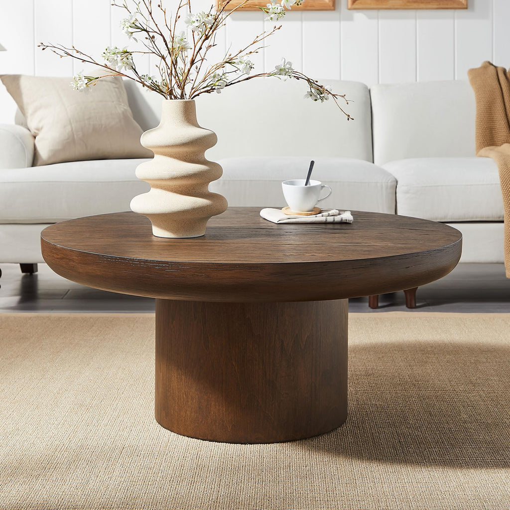 35.98'' Round Coffee Table Circle Wood Coffee Table, Modern Retro Style Pedestal Style, Easy Assembly, Dark Brown