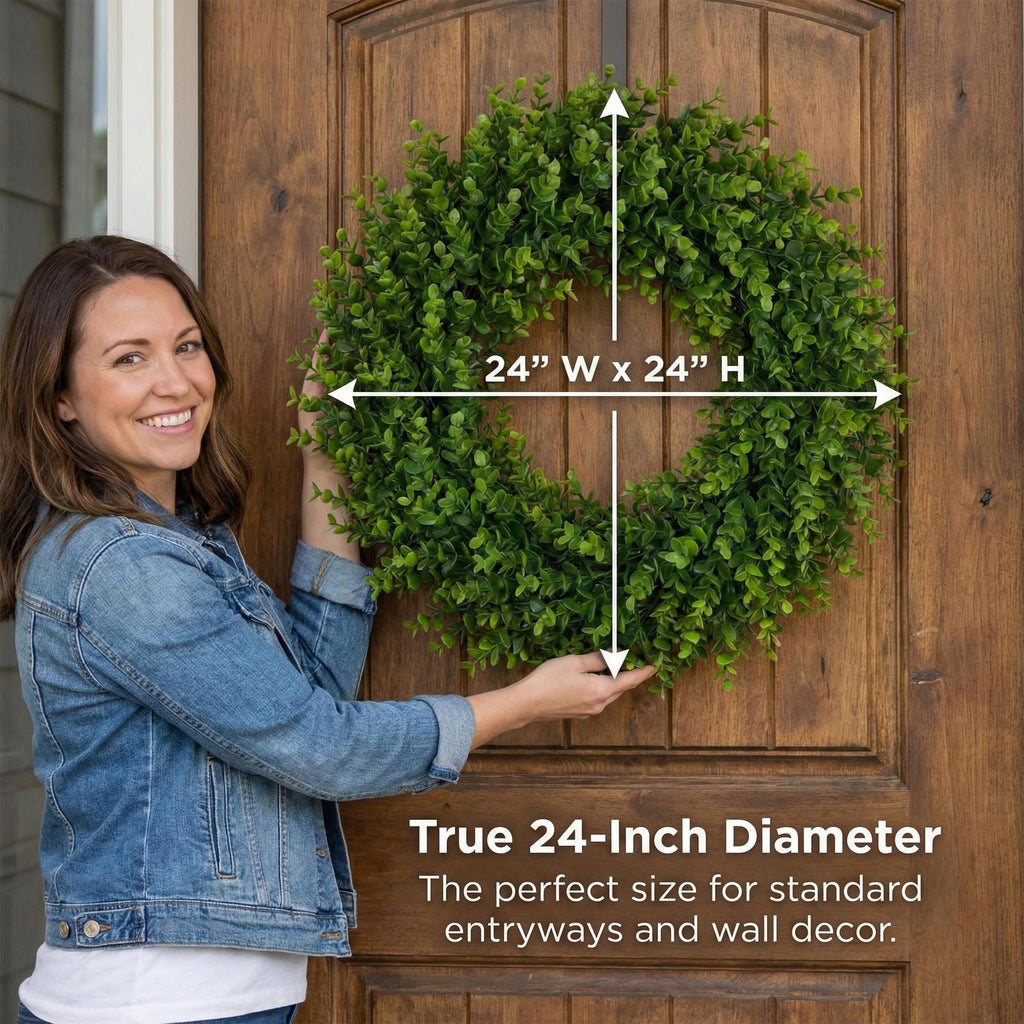 24 Inch Boxwood Wreath for Front Door, Large Green Outdoor Wreaths