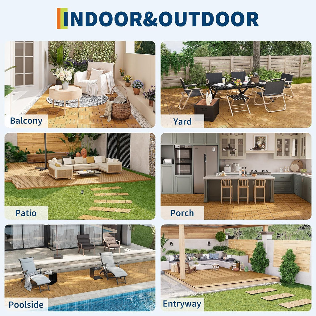 22 PCS Acacia Wood Composite Deck Tiles, 12"X12" Solid Wood Interlocking Flooring for Patio & Balcony, All Weather
