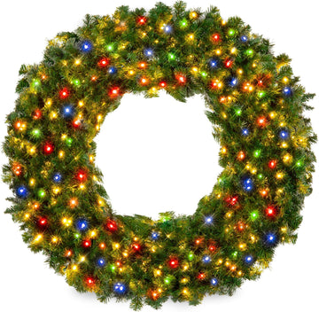 30in Large Artificial Pre-Lit Fir Christmas Wreath Holiday Accent Decoration w/ 100 Multicolor Lights, 220 PVC Tips