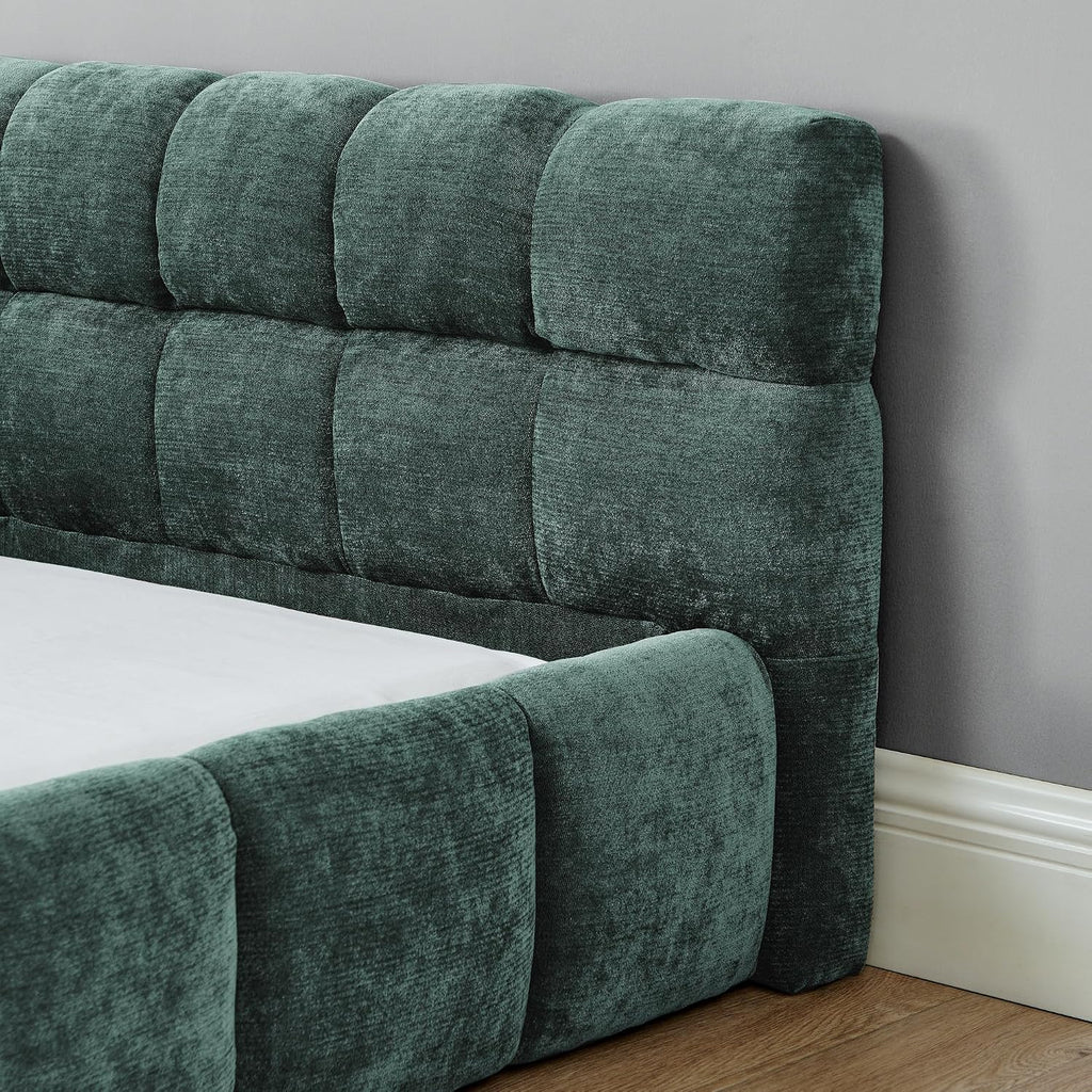 Upholstered Platform Bed Frame with Headboard, Modern Low Profile Grounded Bed Frame, Chunky Fluted Chenille
