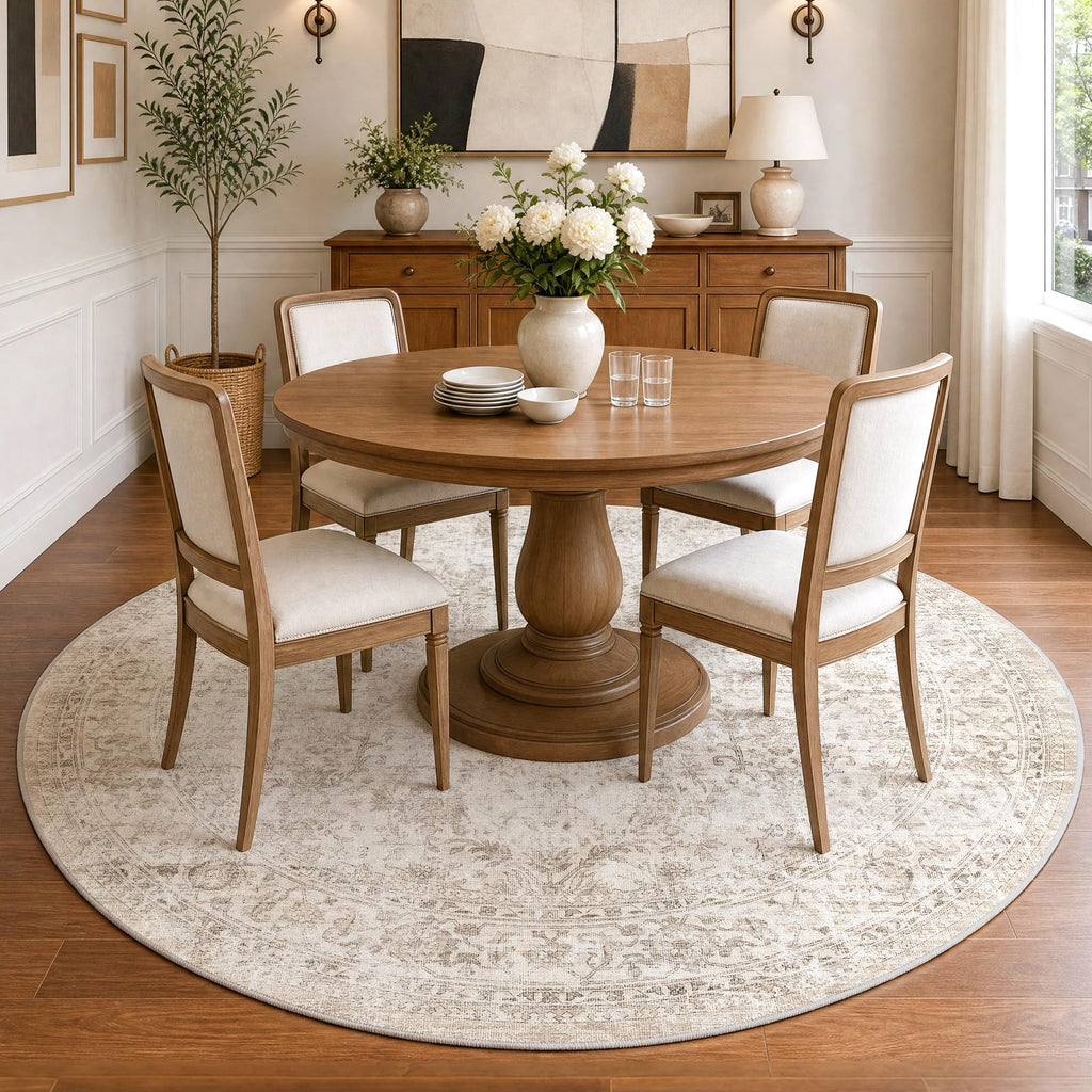6ft Round Washable Beige Neutral Vintage Area Rug