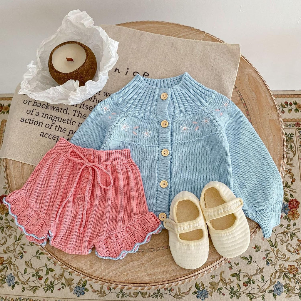 Kids Knitted Cardigan Sweater and Short set, Long Sleeve, Toddler Girls Clothes, Beige, Blue (US, Age, 0 Months, 6