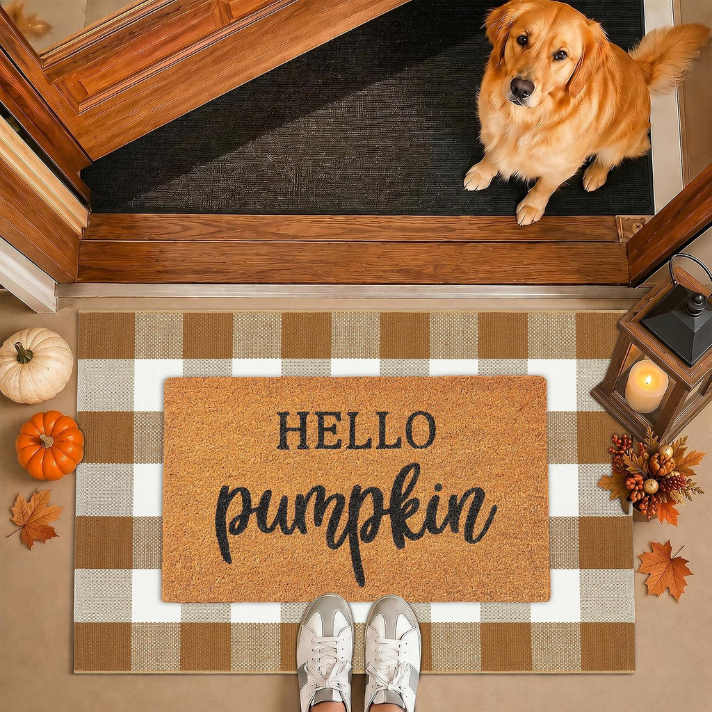 Fall Decor Door Mat Combo Set, 100% Coco Coir Welcome Mat + 28 x 43 Inches Coffee and White Plaid Rug - Fall