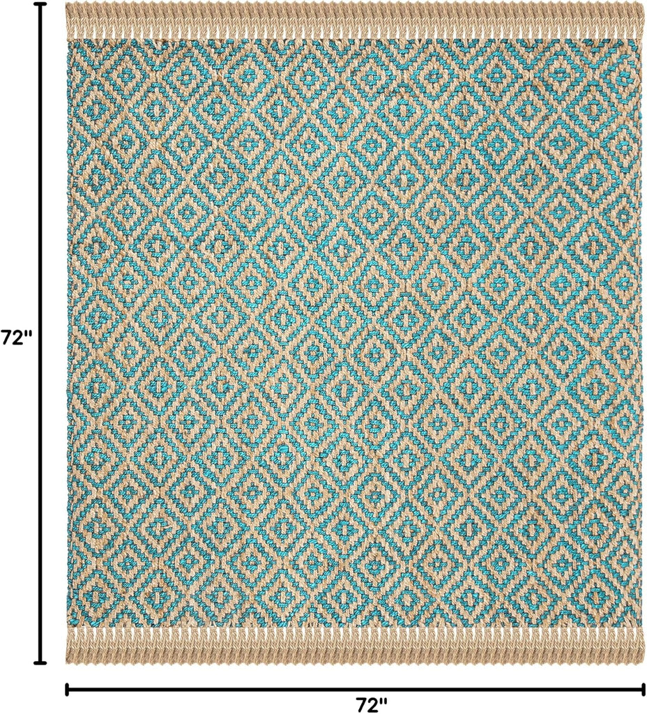 Natural Fiber Collection Area Rug - 6' Square, Turquoise & Natural, Handmade Boho Diamond Tassel Jute, Ideal for High