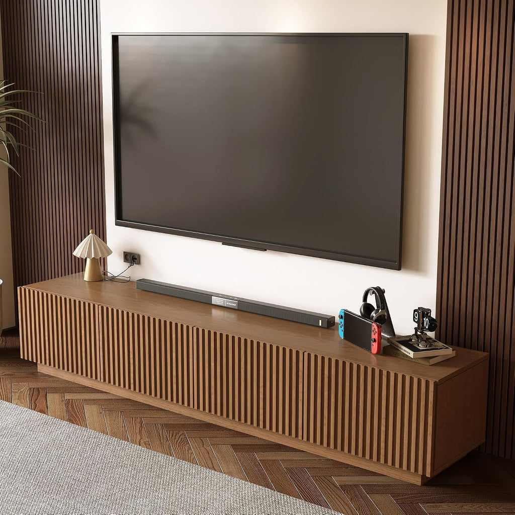 86.61" Mid-Century Modern TV Stand, Walnut Entertainment Center with 4 Doors & Adjustable Shelves, Large Wooden Media