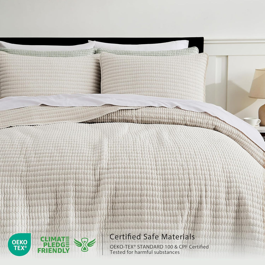 Beige Pick Stitch Queen Quilt Set, Striped Lightweight Soft Summer Spring Bedspread, Bamboo Linen Like Textured