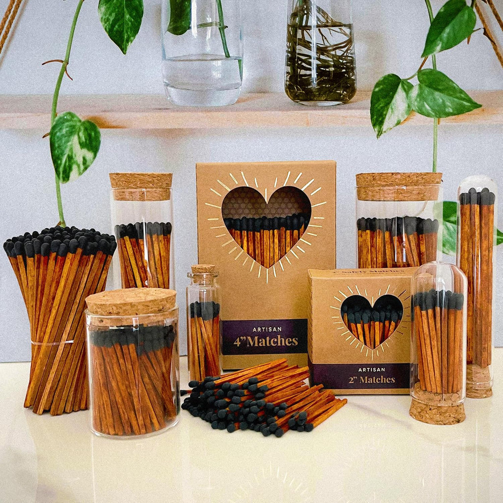 Decorative Matches in Mini Match Cloche Glass Jar Set | 4" Espresso Tip Long Matches (100 match sticks) + 3 Cork Top
