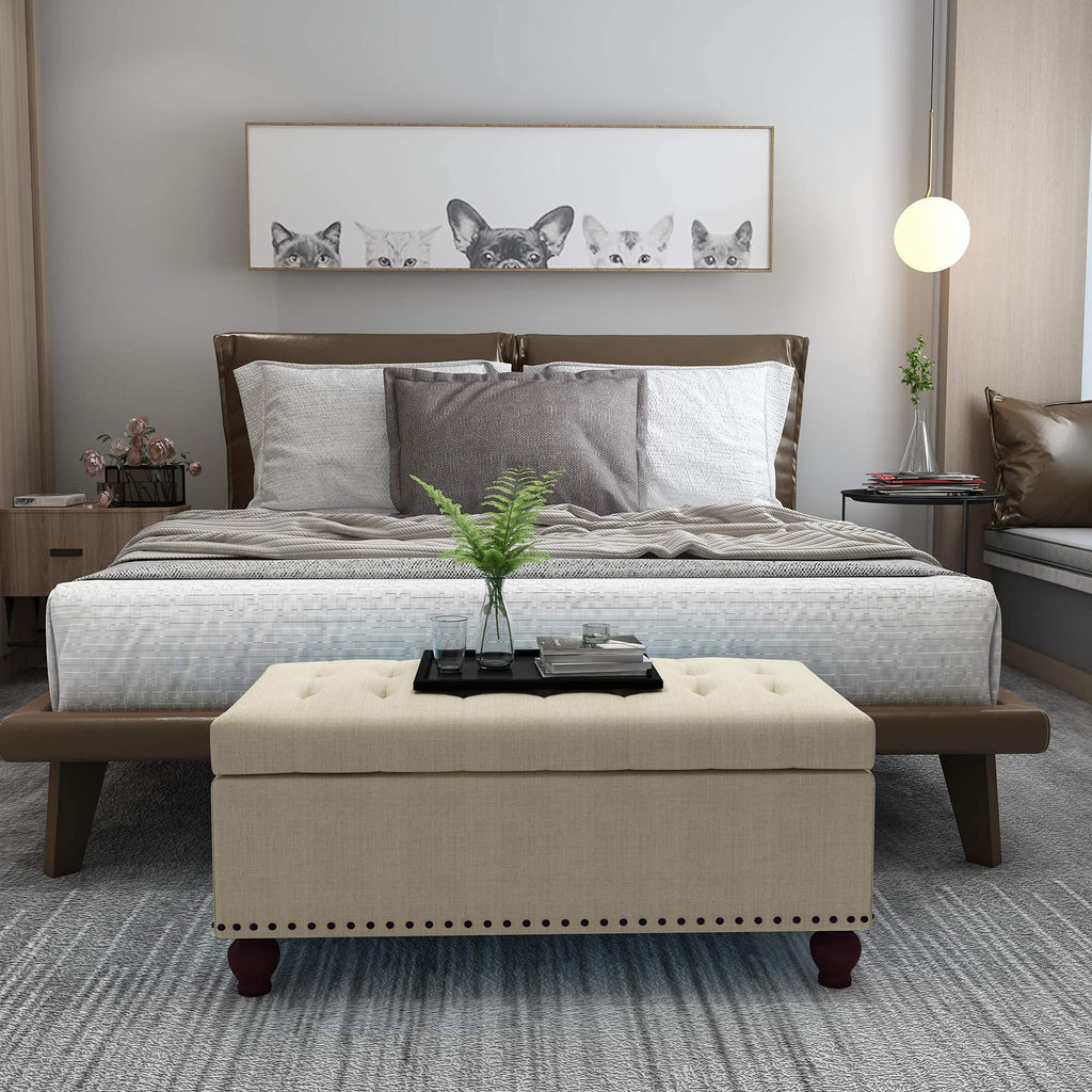 40 Inches Fabric Ottoman Bench with Storage for Living Bed Room, Button Tufted Foot Rest Stool with Solid Wood Legs