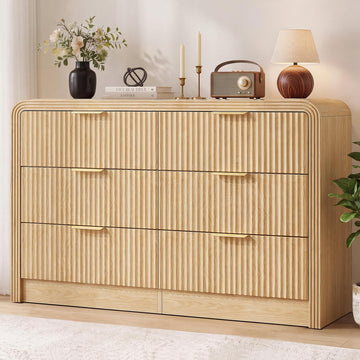 Fluted 6-Drawer Dresser Modern Wood Chest Organizer with Anti-Tip